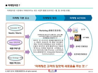 4페이지ⓒ 2007-2018. 이안랩 창업연구소 all rights reserved.
■ 마케팅이란 ?
마케팅이란 ‘시장에서 거래되어지는 모든 사업적 활동’[오프라인 +웹, 앱, 모바일 포함]
--
--
--
S T P
4 P MIX
온라인 프로모션
오프라인프로모션
마케팅 ACTION마케팅의 정의마케팅 기본 요소
“마케팅은 고객의 입맛에 새로움을 주는 것 !”
Consumer 욕구
Needs / Wants
Item-가치/가격
제품구매기준
Place Strategy-거래
제품구매 장소
Marketing (종합조정과정)
마케팅이란 생산자가 상품 또는 서비스를
소비자에게 유통시키는데 필요한 모든
경영활동을 총괄하는 것
IMC란 ‘온+오프라인 매체를 활용하여 광
고, 세일즈 프로모션, PR, 홍보, 바이럴마
케팅, 다이렉 마케팅등의 모든 마케팅 수
단들이 독자적이 않게 통일적으로 작용하
게 만드는 마케팅 개념으로 고객중심 그
리고 데이터에 의해 주도되는 소비자와의
의사소통방법이다. (Integrated Marketing
Communication)
 