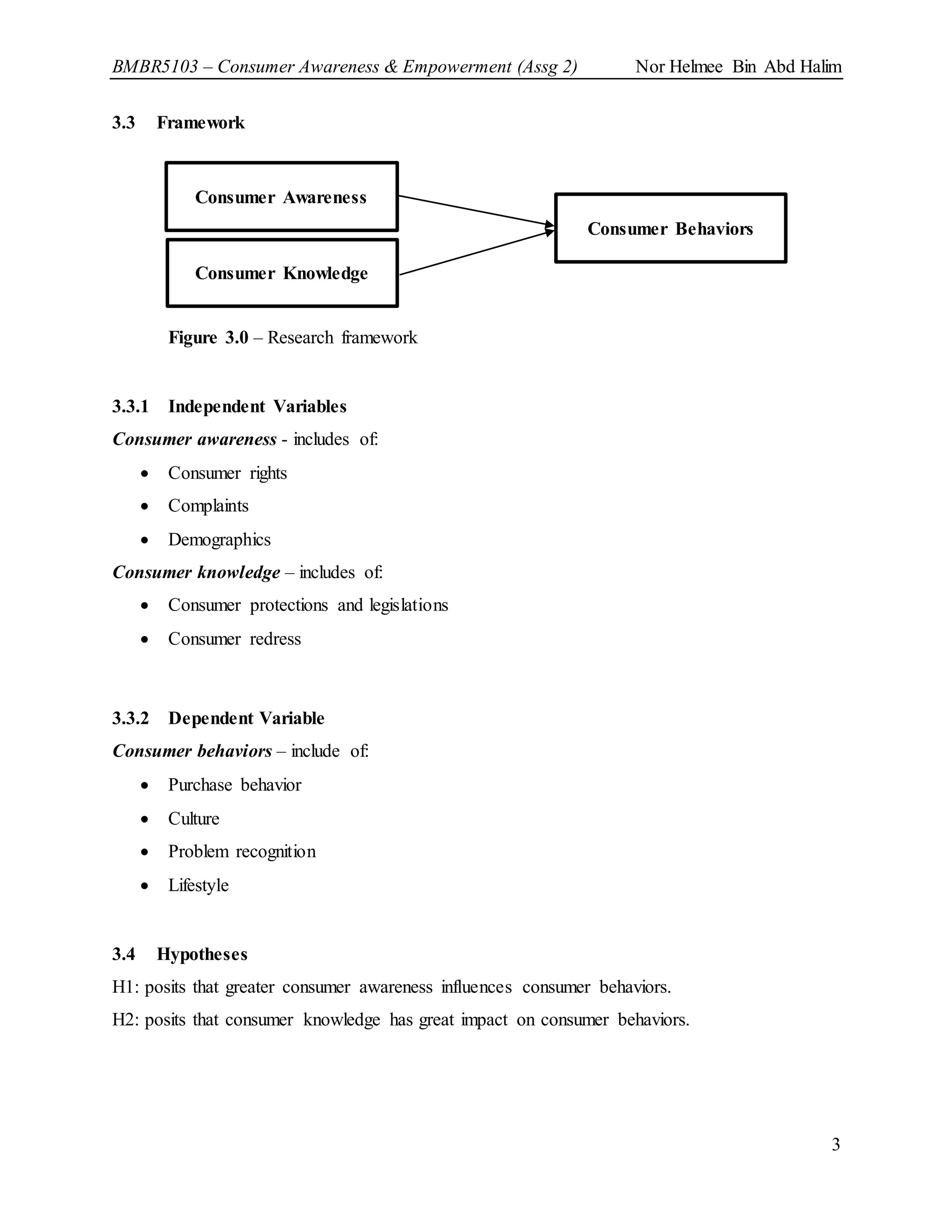 BMBR5103 – Consumer Awareness & Empowerment (Assg 2) Nor Helmee Bin Abd Halim
3
3.3 Framework
Figure 3.0 – Research framework
3.3.1 Independent Variables
Consumer awareness - includes of:
 Consumer rights
 Complaints
 Demographics
Consumer knowledge – includes of:
 Consumer protections and legislations
 Consumer redress
3.3.2 Dependent Variable
Consumer behaviors – include of:
 Purchase behavior
 Culture
 Problem recognition
 Lifestyle
3.4 Hypotheses
H1: posits that greater consumer awareness influences consumer behaviors.
H2: posits that consumer knowledge has great impact on consumer behaviors.
Consumer Awareness
Consumer Knowledge
Consumer Behaviors
 