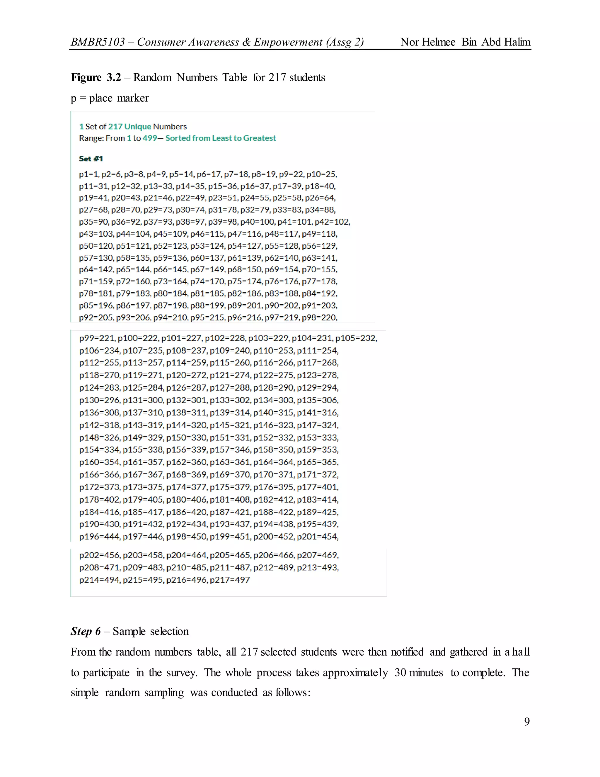 BMBR5103 – Consumer Awareness & Empowerment (Assg 2) Nor Helmee Bin Abd Halim
9
Figure 3.2 – Random Numbers Table for 217 students
p = place marker
Step 6 – Sample selection
From the random numbers table, all 217 selected students were then notified and gathered in a hall
to participate in the survey. The whole process takes approximately 30 minutes to complete. The
simple random sampling was conducted as follows:
 