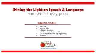 Suggested Activities:
• Name part
• Match to chart
• 1-3 step id directions
• Describe what it does, what it’s for
• Add sound effects while tapping/pointing
• Have fun!
http://www.ApplePatchTherapy.com
Shining the Light on Speech & Language
THE BASICS: body parts
Presented by:
 