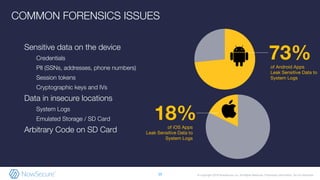 © Copyright 2019 NowSecure, Inc. All Rights Reserved. Proprietary information. Do not distribute.
of Android Apps
Leak Sensitive Data to
System Logs
73%
10
Sensitive data on the device
Credentials
PII (SSNs, addresses, phone numbers)
Session tokens
Cryptographic keys and IVs
Data in insecure locations
System Logs
Emulated Storage / SD Card
Arbitrary Code on SD Card
COMMON FORENSICS ISSUES
of iOS Apps
Leak Sensitive Data to
System Logs
18%
 