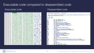 © Copyright 2019 NowSecure, Inc. All Rights Reserved. Proprietary information. Do not distribute.18
Executable code compared to disassembled code
Executable code Disassembled code
 