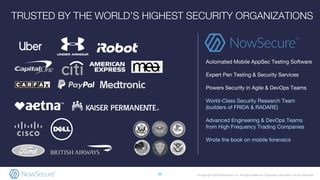© Copyright 2019 NowSecure, Inc. All Rights Reserved. Proprietary information. Do not distribute.
Automated Mobile AppSec Testing Software
Expert Pen Testing & Security Services
Powers Security in Agile & DevOps Teams
World-Class Security Research Team
(builders of FRIDA & RADARE)
Advanced Engineering & DevOps Teams
from High Frequency Trading Companies
Wrote the book on mobile forensics
TRUSTED BY THE WORLD’S HIGHEST SECURITY ORGANIZATIONS
35
 