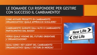 LE DOMANDE CUI RISPONDERE PER GESTIRE
CON SUCCESSO IL CAMBIAMENTO?
COME AVVIARE PROGETTI DI CAMBIAMENTO
ORGANIZZATIVO? QUALE APPROCCIO SCEGLIERE?
CAMBIAMENTO GUIDATO DALL’ALTO O CAMBIAMENTO
PARTECIPATIVO DAL BASSO?
VERSO QUALE VISIONE DEL FUTURO ORIENTARE
L’ORGANIZZAZIONE?
QUALI SONO I KEY AGENT DEL CAMBIAMENTO
ORGANIZZATIVO? QUALI I FATTORI DI INERZIA?
 