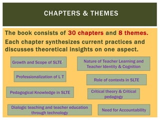 CHAPTERS & THEMES
The book consists of 30 chapters and 8 themes.
Each chapter synthesizes current practices and
discusses theoretical insights on one aspect.
Growth and Scope of SLTE’

Nature of Teacher Learning and
Teacher Identity & Cognition

Professionalization of L T
Pedagogical Knowledge in SLTE

Dialogic teaching and teacher education
through technology

Role of contexts in SLTE
Critical theory & Critical
pedagogy
Need for Accountability

 