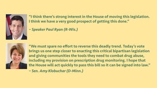 “I think there’s strong interest in the House of moving this legislation.
I think we have a very good prospect of getting this done.”
“We must spare no effort to reverse this deadly trend. Today’s vote
brings us one step closer to enacting this critical bipartisan legislation
and giving communities the tools they need to combat drug abuse,
including my provision on prescription drug monitoring. I hope that
the House will act quickly to pass this bill so it can be signed into law.”
– Speaker Paul Ryan (R-Wis.)
– Sen. Amy Klobuchar (D-Minn.)
 