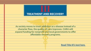 IIITREATMENT AND RECOVERY
As society moves to treat addiction as a disease instead of a
character flaw, the quality of care improves. CARA will
expand funding for nonprofit and local governments to offer
affordable recovery programs.
Read Title III’s text here.
 