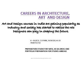 www.ArchitectureDesignCareers.com
Art and Design courses in India are gaining popularity as
Industry and society has started to realize the role
Designers can play in shaping the future.
PREPARATION STUDIO FOR NATA, JEE (B.ARCH) AND
PORTFOLIO PREPARATION FOR STUDIES ABROAD
H – BLOCK, C.R PARK, NEW DELHI-19
7838731710
 