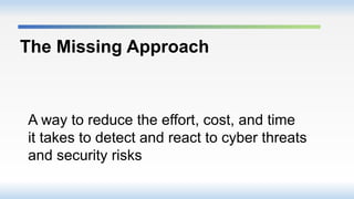 The Missing Approach
A way to reduce the effort, cost, and time
it takes to detect and react to cyber threats
and security risks
 