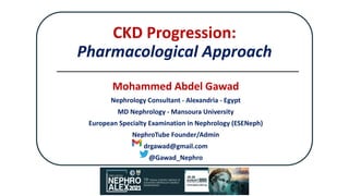 CKD Progression:
Pharmacological Approach
Mohammed Abdel Gawad
Nephrology Consultant - Alexandria - Egypt
MD Nephrology - Mansoura University
European Specialty Examination in Nephrology (ESENeph)
NephroTube Founder/Admin
drgawad@gmail.com
@Gawad_Nephro
 