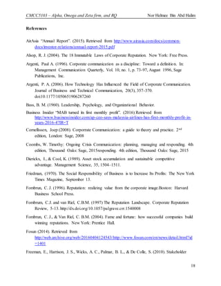 CMCC5103 – Alpha, Omega and Zeta firm, and RQ Nor Helmee Bin Abd Halim
18
References
AirAsia “Annual Report”. (2015). Retrieved from http://www.airasia.com/docs/common-
docs/investor-relations/annual-report-2015.pdf
Alsop, R. J. (2004). The 18 Immutable Laws of Corporate Reputation. New York: Free Press.
Argenti, Paul A. (1996). Corporate communication as a discipline: Toward a definition. In:
Management Communication Quarterly, Vol. 10, no. 1, p. 73-97, August 1996, Sage
Publications, Inc.
Argenti, P. A. (2006). How Technology Has Influenced the Field of Corporate Communication.
Journal of Business and Technical Communication, 20(3), 357-370.
doi:10.1177/1050651906287260
Bass, B. M. (1960). Leadership, Psychology, and Organizational Behavior.
Business Insider “MAB turned its first monthly profit”. (2016) Retrieved from
http://www.businessinsider.com/ap-ceo-says-malaysia-airlines-has-first-monthly-profit-in-
years-2016-4?IR=T
Cornellissen, Joep (2008). Corporrate Communication: a guide to theory and practice. 2nd
edition, London: Sage, 2008
Coombs, W. Timothy: Ongoing Crisis Communication: planning, managing and responding. 4th
edition, Thousand Oaks: Sage, 2015responding. 4th edition, Thousand Oaks: Sage, 2015
Dierickx, I., & Cool, K. (1989). Asset stock accumulation and sustainable competitive
advantage. Management Science, 35, 1504–1511.
Friedman, (1970). The Social Responsibility of Business is to Increase Its Profits: The New York
Times Magazine, September 13.
Fombrun, C. J. (1996). Reputation: realizing value from the corporate image.Boston: Harvard
Business School Press.
Fombrum, C.J. and van Riel, C.B.M. (1997) The Reputation Landscape. Corporate Reputation
Review, 5-13. http://dx.doi.org/10.1057/palgrave.crr.1540008
Fombrun, C. J., & Van Riel, C. B.M. (2004). Fame and fortune: how successful companies build
winning reputations. New York: Prentice Hall.
Fosun (2014). Retrieved from
http://web.archive.org/web/20160404124543/http://www.fosun.com/en/news/detail.html?id
=1401
Freeman, E., Harrison, J. S., Wicks, A. C., Palmar, B. L., & De Colle, S. (2010). Stakeholder
 