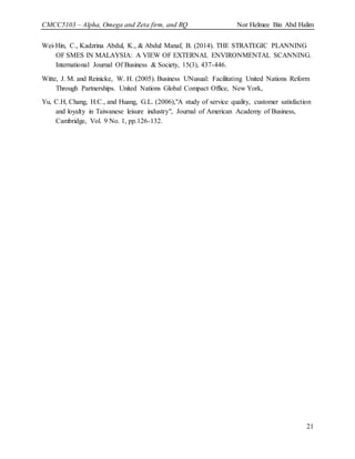 CMCC5103 – Alpha, Omega and Zeta firm, and RQ Nor Helmee Bin Abd Halim
21
Wei-Hin, C., Kadzrina Abdul, K., & Abdul Manaf, B. (2014). THE STRATEGIC PLANNING
OF SMES IN MALAYSIA: A VIEW OF EXTERNAL ENVIRONMENTAL SCANNING.
International Journal Of Business & Society, 15(3), 437-446.
Witte, J. M. and Reinicke, W. H. (2005). Business UNusual: Facilitating United Nations Reform
Through Partnerships. United Nations Global Compact Office, New York,
Yu, C.H, Chang, H.C., and Huang, G.L. (2006),"A study of service quality, customer satisfaction
and loyalty in Taiwanese leisure industry", Journal of American Academy of Business,
Cambridge, Vol. 9 No. 1, pp.126-132.
 