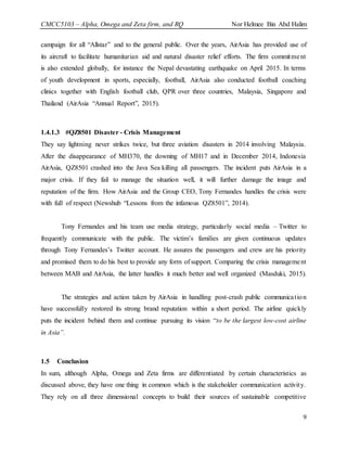 CMCC5103 – Alpha, Omega and Zeta firm, and RQ Nor Helmee Bin Abd Halim
9
campaign for all “Allstar” and to the general public. Over the years, AirAsia has provided use of
its aircraft to facilitate humanitarian aid and natural disaster relief efforts. The firm commitment
is also extended globally, for instance the Nepal devastating earthquake on April 2015. In terms
of youth development in sports, especially, football, AirAsia also conducted football coaching
clinics together with English football club, QPR over three countries, Malaysia, Singapore and
Thailand (AirAsia “Annual Report”, 2015).
1.4.1.3 #QZ8501 Disaster - Crisis Management
They say lightning never strikes twice, but three aviation disasters in 2014 involving Malaysia.
After the disappearance of MH370, the downing of MH17 and in December 2014, Indonesia
AirAsia, QZ8501 crashed into the Java Sea killing all passengers. The incident puts AirAsia in a
major crisis. If they fail to manage the situation well, it will further damage the image and
reputation of the firm. How AirAsia and the Group CEO, Tony Fernandes handles the crisis were
with full of respect (Newshub “Lessons from the infamous QZ8501”, 2014).
Tony Fernandes and his team use media strategy, particularly social media – Twitter to
frequently communicate with the public. The victim’s families are given continuous updates
through Tony Fernandes’s Twitter account. He assures the passengers and crew are his priority
and promised them to do his best to provide any form of support. Comparing the crisis management
between MAB and AirAsia, the latter handles it much better and well organized (Masduki, 2015).
The strategies and action taken by AirAsia in handling post-crash public communication
have successfully restored its strong brand reputation within a short period. The airline quickly
puts the incident behind them and continue pursuing its vision “to be the largest low-cost airline
in Asia”.
1.5 Conclusion
In sum, although Alpha, Omega and Zeta firms are differentiated by certain characteristics as
discussed above, they have one thing in common which is the stakeholder communication activity.
They rely on all three dimensional concepts to build their sources of sustainable competitive
 