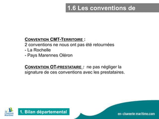 1.6 Les conventions de
partenariat

CONVENTION CMT-TERRITOIRE :
2 conventions ne nous ont pas été retournées
- La Rochelle
- Pays Marennes Oléron
CONVENTION OT-PRESTATAIRE : ne pas négliger la
signature de ces conventions avec les prestataires.

1. Bilan départemental

 