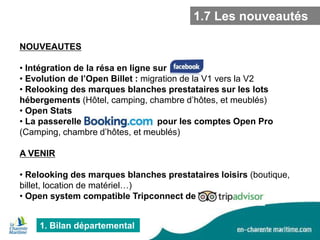 1.7 Les nouveautés
NOUVEAUTES
• Intégration de la résa en ligne sur
• Evolution de l’Open Billet : migration de la V1 vers la V2
• Relooking des marques blanches prestataires sur les lots
hébergements (Hôtel, camping, chambre d’hôtes, et meublés)
• Open Stats
• La passerelle
pour les comptes Open Pro
(Camping, chambre d’hôtes, et meublés)
A VENIR
• Relooking des marques blanches prestataires loisirs (boutique,
billet, location de matériel…)
• Open system compatible Tripconnect de
1. Bilan départemental

 