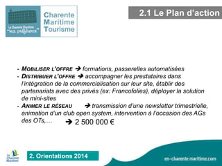 2.1 Le Plan d’action

- MOBILISER L’OFFRE  formations, passerelles automatisées
- DISTRIBUER L’OFFRE  accompagner les prestataires dans
l’intégration de la commercialisation sur leur site, établir des
partenariats avec des privés (ex: Francofolies), déployer la solution
de mini-sites
- ANIMER LE RÉSEAU
 transmission d’une newsletter trimestrielle,
animation d’un club open system, intervention à l’occasion des AGs
des OTs,…
 2 500 000 €

2. Orientations 2014

 