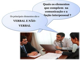 Quais os elementos que compõem  na comunicação e a relação interpessoal ?Os principais elementos são o VERBAL E NÃO-VERBAL