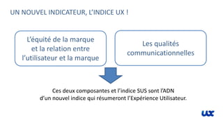 UN NOUVEL INDICATEUR, L’INDICE UX !
L’équité de la marque
et la relation entre
l’utilisateur et la marque
Les qualités
communicationnelles
Ces deux composantes et l’indice SUS sont l’ADN
d’un nouvel indice qui résumeront l’Expérience Utilisateur.
 
