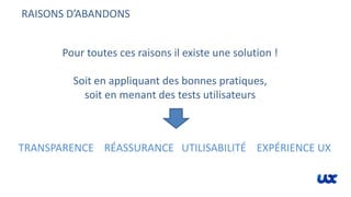 RAISONS D’ABANDONS
Pour toutes ces raisons il existe une solution !
Soit en appliquant des bonnes pratiques,
soit en menant des tests utilisateurs
TRANSPARENCE RÉASSURANCE UTILISABILITÉ EXPÉRIENCE UX
 