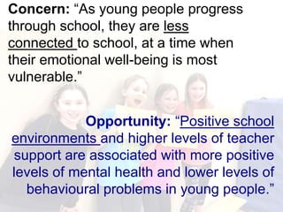 Concern: “As young people progress
through school, they are less
connected to school, at a time when
their emotional well-being is most
vulnerable.”
Opportunity: “Positive school
environments and higher levels of teacher
support are associated with more positive
levels of mental health and lower levels of
behavioural problems in young people.”
 
