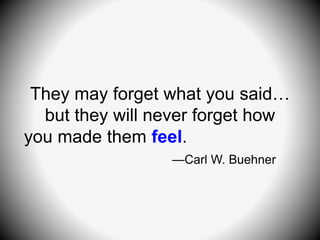 They may forget what you said…
but they will never forget how
you made them feel.
—Carl W. Buehner
 
