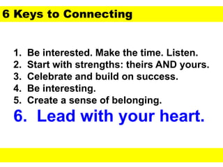 1. Be interested. Make the time. Listen.
2. Start with strengths: theirs AND yours.
3. Celebrate and build on success.
4. ...