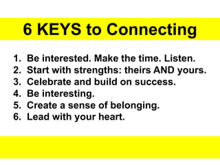 1. Be interested. Make the time. Listen.
2. Start with strengths: theirs AND yours.
3. Celebrate and build on success.
4. Be interesting.
5. Create a sense of belonging.
6. Lead with your heart.
6 KEYS to Connecting
 
