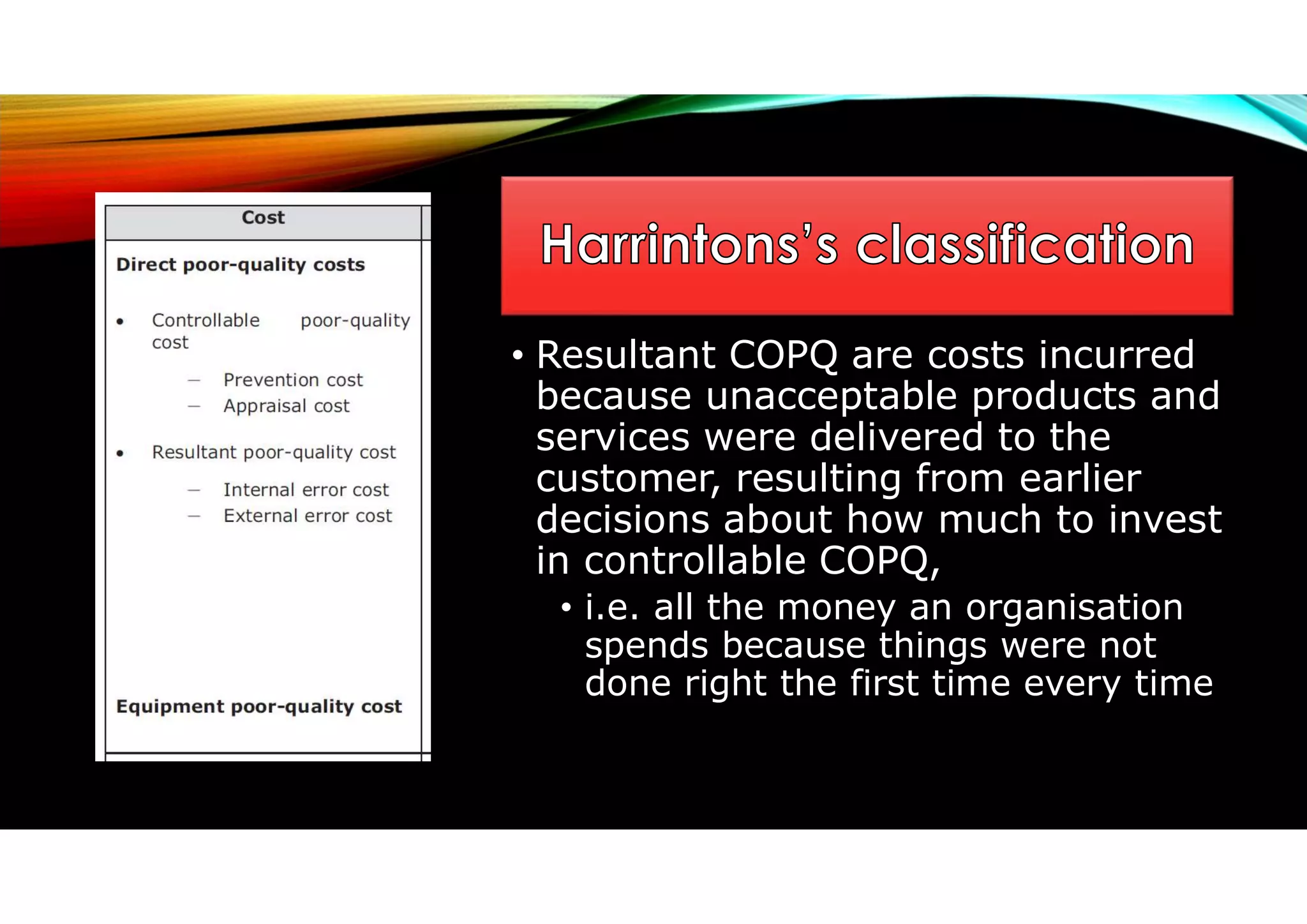 • Resultant COPQ are costs incurred
because unacceptable products and
services were delivered to the
customer, resulting from earlier
decisions about how much to invest
in controllable COPQ,
• i.e. all the money an organisation
spends because things were not
done right the first time every time
 