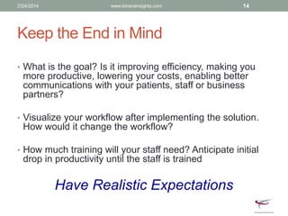 Keep the End in Mind
• What is the goal? Is it improving efficiency, making you
more productive, lowering your costs, enabling better
communications with your patients, staff or business
partners?
• Visualize your workflow after implementing the solution.
How would it change the workflow?
• How much training will your staff need? Anticipate initial
drop in productivity until the staff is trained
Have Realistic Expectations
2/24/2014 www.kinarainsights.com 14
 