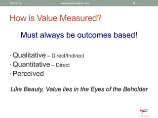 How is Value Measured?
Must always be outcomes based!
• Qualitative – Direct/Indirect
• Quantitative – Direct
• Perceived
Like Beauty, Value lies in the Eyes of the Beholder
2/24/2014 www.kinarainsights.com 5
 