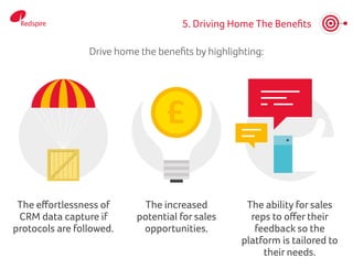 5. Driving Home The Benefits
Drive home the benefits by highlighting:
The effortlessness of
CRM data capture if
protocols are followed.
The increased
potential for sales
opportunities.
The ability for sales
reps to offer their
feedback so the
platform is tailored to
their needs.
 