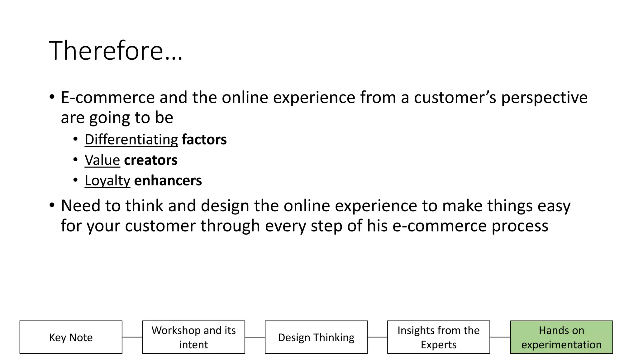 Therefore…
• E-commerce and the online experience from a customer’s perspective
are going to be
• Differentiating factors
• Value creators
• Loyalty enhancers
• Need to think and design the online experience to make things easy
for your customer through every step of his e-commerce process
Insights from the
Experts
Hands on
experimentation
Key Note
Workshop and its
intent
Design Thinking
 