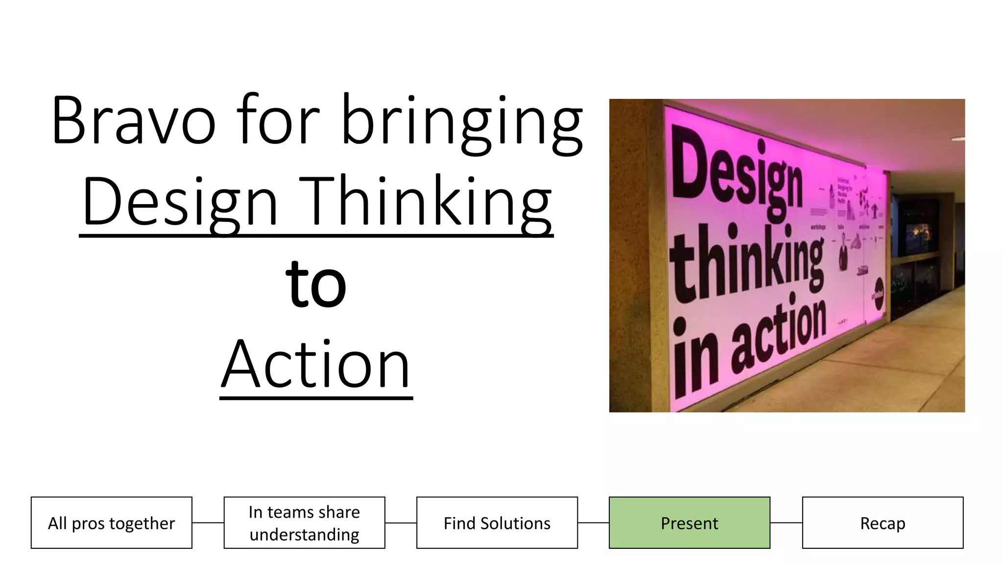 Bravo for bringing
Design Thinking
to
Action
Present RecapAll pros together
In teams share
understanding
Find Solutions
 