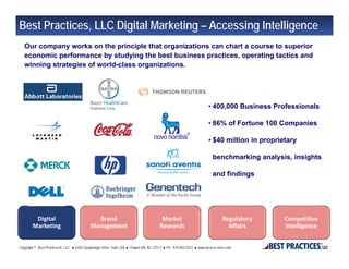 Best Practices, LLC Digital Marketing – Accessing Intelligence
   Our company works on the principle that organizations can chart a course to superior
   economic performance by studying the best business practices, operating tactics and
   winning strategies of world-class organizations.




                                                                                                                        • 400,000 Business Professionals

                                                                                                                        • 86% of Fortune 100 Companies

                                                                                                                        • $40 million in proprietary

                                                                                                                           benchmarking analysis, insights

                                                                                                                           and findings




         Digital                               Brand                                      Market                                 Regulatory     Competitive 
        Marketing                            Management                                  Research                                  Affairs      Intelligence


Copyright © Best Practices, LLC  6350 Quadrangle Drive, Suite 200, Chapel Hill, NC 27517  Ph.: 919-403-0251  www.best-in-class.com
 