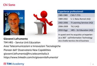2
Giovanni Lofrumento
TIM HRS – Service Unit Education
Area Telecomunicazioni e Innovazioni Tecnologiche
Chi Sono
Pioneer dell’ Osservatorio New Capabilities
giovanni.lofrumento@hrs.telecomitalia.it
https://www.linkedin.com/in/giovannilofrumento/
Esperienze professionali
1985-1989 CSELT (TO)
1989-2002 S. S. Reiss Romoli (AQ)
2002-2006 TI Learning Services (AQ)
2006-2009 TILS (AQ)
2010-Oggi HRS – SU Education (AQ)
In questi anni ho acquisito un'esperien-
za a 360°sull'Information Technology
sia a livello tecnico che di business
 