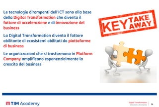 56
Le tecnologie dirompenti dell'ICT sono alla base
della Digital Transformation che diventa il
fattore di accelerazione e di innovazione del
business
La Digital Transformation diventa il fattore
abilitante di ecosistemi abilitati da piattaforme
di business
Le organizzazioni che si trasformano in Platform
Company amplificano esponenzialmente la
crescita del business
Digital Transformation
Giovanni Lofrumento
 