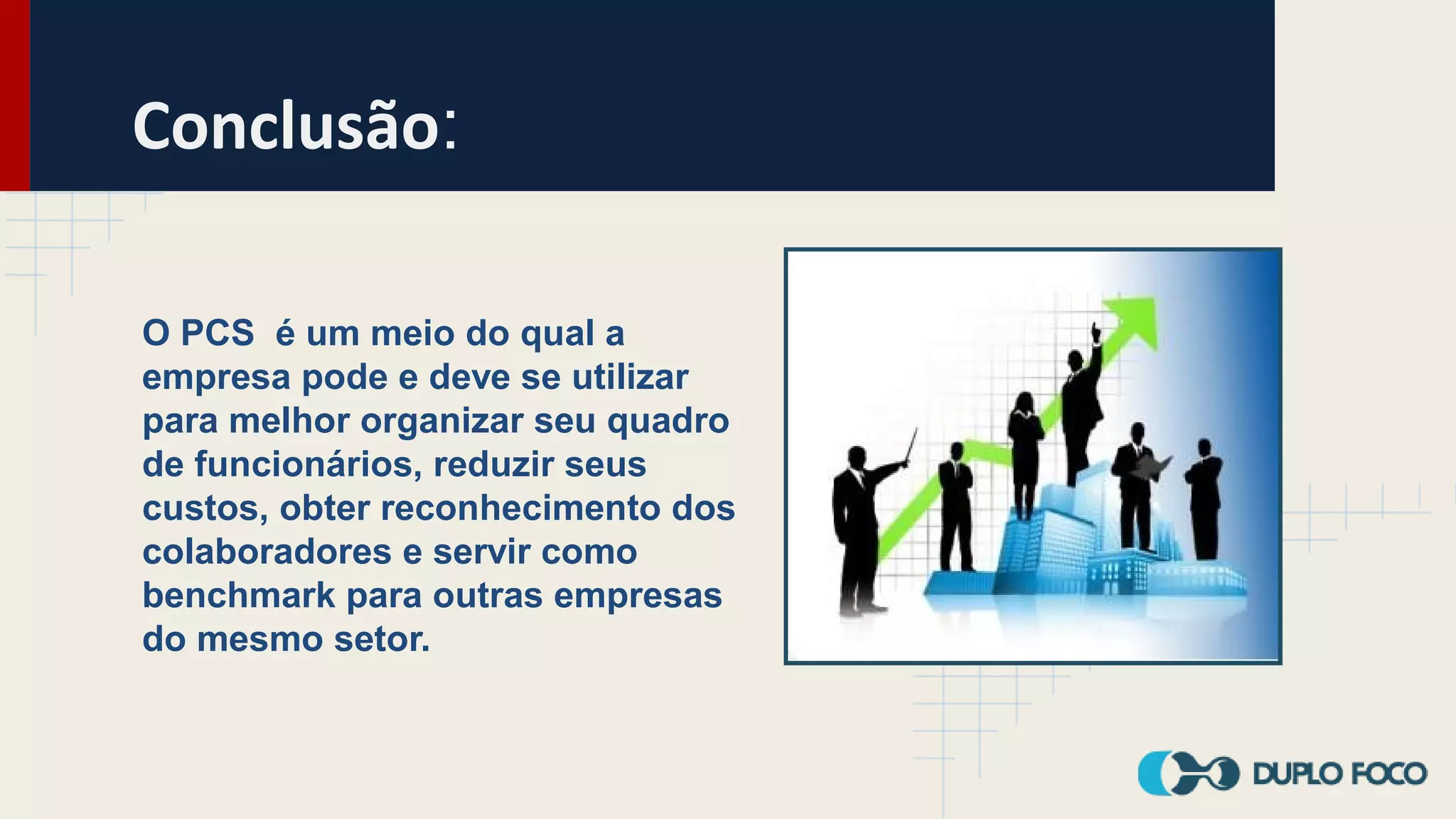 Conclusão:
O PCS é um meio do qual a
empresa pode e deve se utilizar
para melhor organizar seu quadro
de funcionários, reduzir seus
custos, obter reconhecimento dos
colaboradores e servir como
benchmark para outras empresas
do mesmo setor.
 