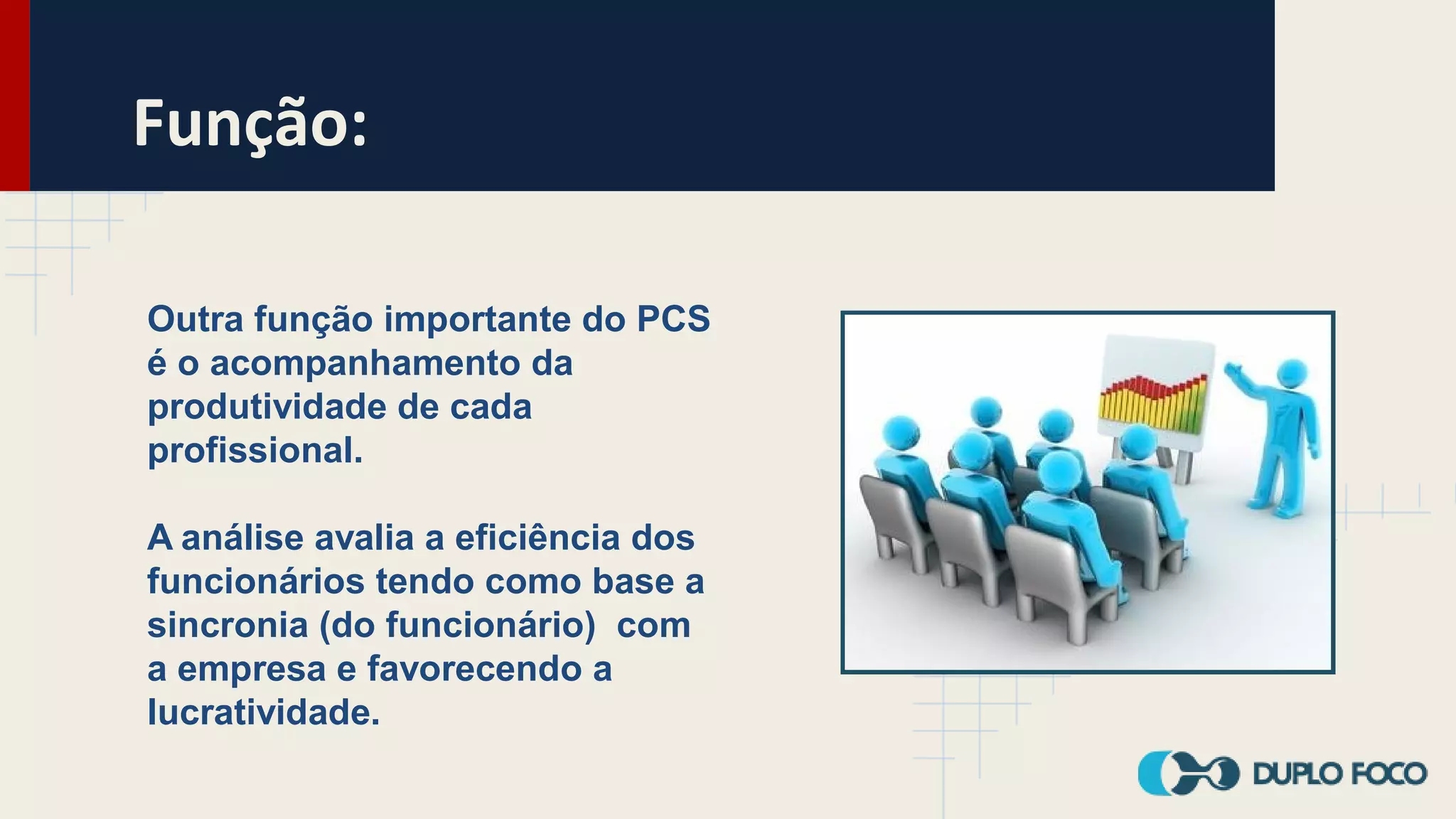 Função:
Outra função importante do PCS
é o acompanhamento da
produtividade de cada
profissional.
A análise avalia a eficiência dos
funcionários tendo como base a
sincronia (do funcionário) com
a empresa e favorecendo a
lucratividade.
 
