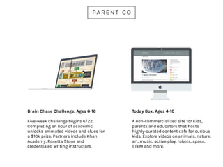 KHAN ACADEMY
AGES 5-18
Offers a range of subjects online for
free, including math, science, coding,
history, art history, economics and
more.
Kids learn at their own pace through
practice exercises and instructional
videos. Parents can track progress.
Khan Academy partners with
institutions such as NASA, The Museum
of Modern Art, The California Academy
of Sciences and MIT.
khanacademy.org
 