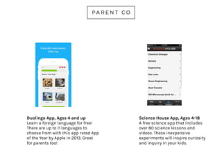 CODE ACADEMY
AGES 12 AND UP
This online program is for
beginner coders or aspiring
computer programmers.
Courses range from 3-13 hours.
It’s a great for both kids and
parents - and it’s free.
codecademy.com
 
