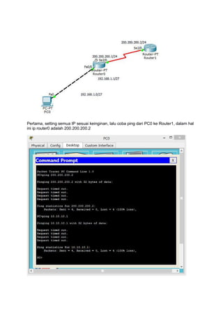 Pertama, setting semua IP sesuai keinginan, lalu coba ping dari PC0 ke Router1, dalam hal
ini ip router0 adalah 200.200.200.2
 