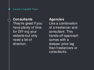 Consultants
They’re great if you
have plenty of time
for DIY-ing your
website but only
need a bit of
direction.
Create a C...