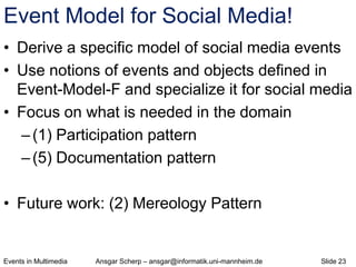 Events in Multimedia Ansgar Scherp – ansgar@informatik.uni-mannheim.de Slide 23
Event Model for Social Media!
• Derive a s...