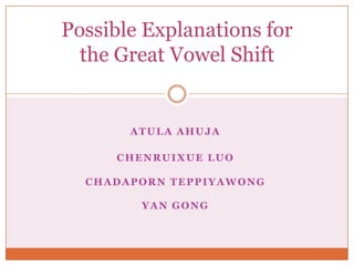 Possible Explanations for
the Great Vowel Shift

ATULA AHUJA
CHENRUIXUE LUO
CHADAPORN TEPPIYAWONG
YAN GONG

 