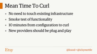 Mean Time To Curl
▪ No need to touch existing infrastructure
▪ Smoke test of functionality
▪ 10 minutes from configuration to curl
▪ New providers should be plug and play

@lozzd • @ickymettle

 