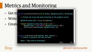 Metrics and Monitoring
▪ Get more detail by pulling metrics in house
▪ Write script to pull data from API
▪ Create dashboards with data

@lozzd • @ickymettle

 