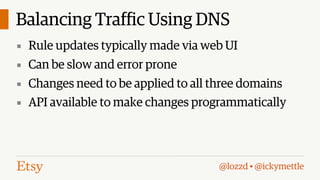 Balancing Traffic Using DNS
▪ Rule updates typically made via web UI
▪ Can be slow and error prone
▪ Changes need to be applied to all three domains
▪ API available to make changes programmatically

@lozzd • @ickymettle

 