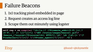 Failure Beacons
1. 1x1 tracking pixel embedded in page
2. Request creates an access log line
3. Scrape them out minutely using logster
self.reg = re.compile('^S+(s:)? (?P<remote_addr>[0-9.]+),?
[0-9.,- ]+ [[^]]+] "GET /status/images/beacon.gif?
(beacon_)?source=(?P<source>S+) HTTP/1.d" d+ [d-]+ "(?
P<referrer>[^"]+)" "(?P<user_agent>[^"]+)" .*$')

@lozzd • @ickymettle

 