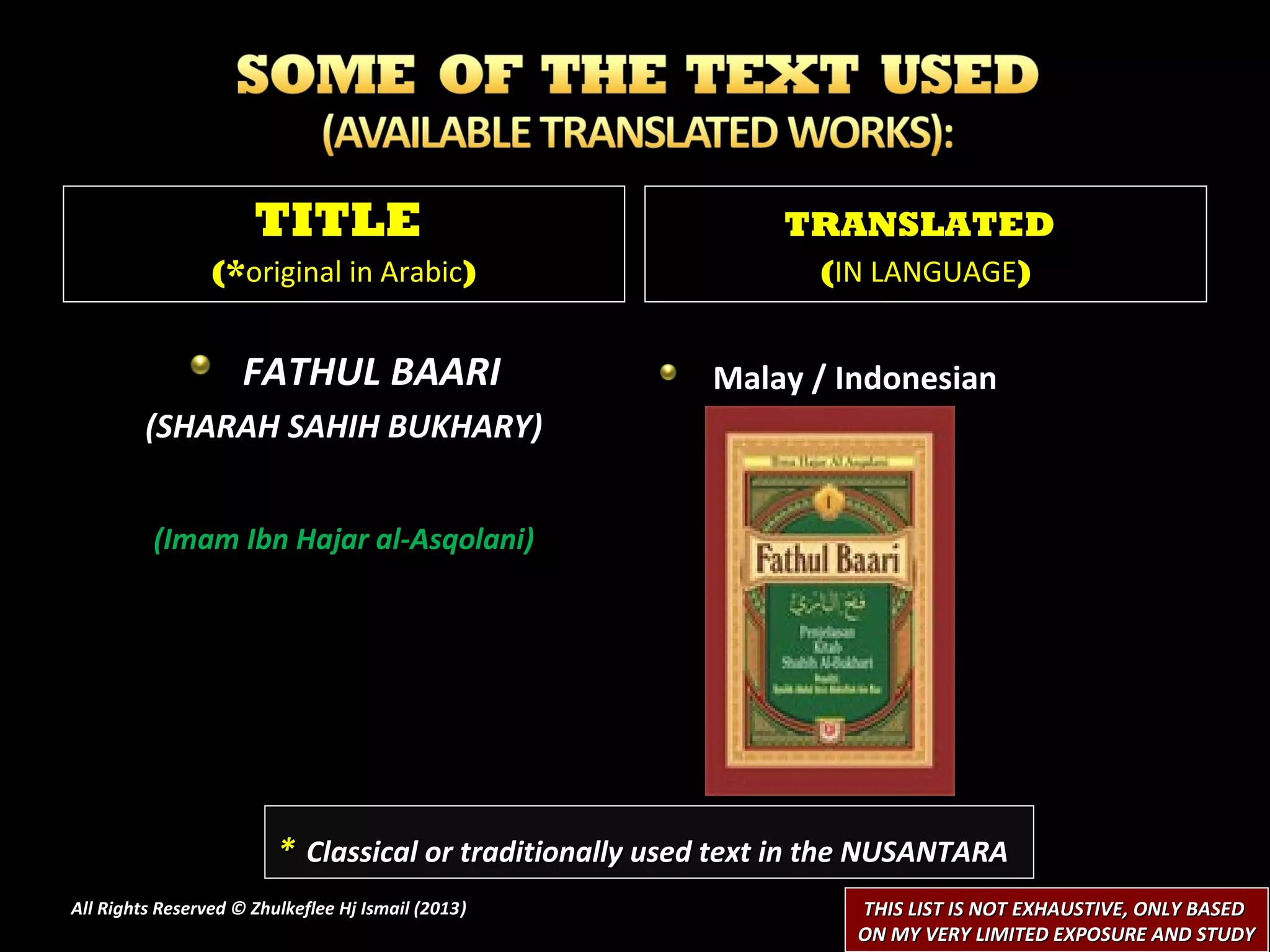 TITLE                                    TRANSLATED
                 (*original in Arabic)                           (IN LANGUAGE)


                     FATHUL BAARI                        Malay / Indonesian
         (SHARAH SAHIH BUKHARY)


          (Imam Ibn Hajar al-Asqolani)




                         * Classical or traditionally used text in the NUSANTARA
All Rights Reserved © Zhulkeflee Hj Ismail (2013)
                                                )                   THIS LIST IS NOT EXHAUSTIVE, ONLY BASED
                                                                    ON MY VERY LIMITED EXPOSURE AND STUDY
 