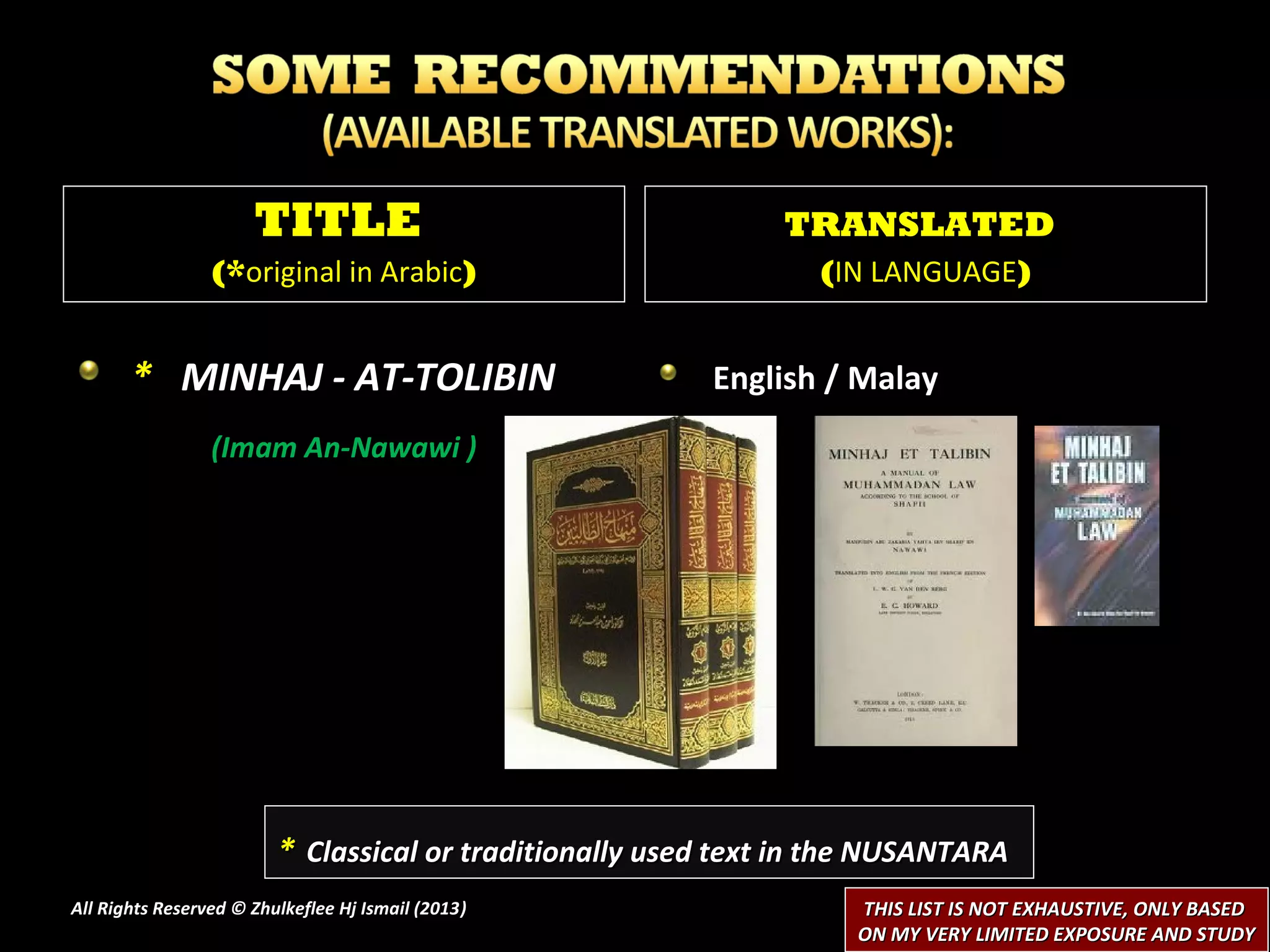 TITLE                                    TRANSLATED
                 (*original in Arabic)                           (IN LANGUAGE)


       * MINHAJ - AT-TOLIBIN                             English / Malay
                 (Imam An-Nawawi )




                         * Classical or traditionally used text in the NUSANTARA
All Rights Reserved © Zhulkeflee Hj Ismail (2013)
                                                )                   THIS LIST IS NOT EXHAUSTIVE, ONLY BASED
                                                                    ON MY VERY LIMITED EXPOSURE AND STUDY
 